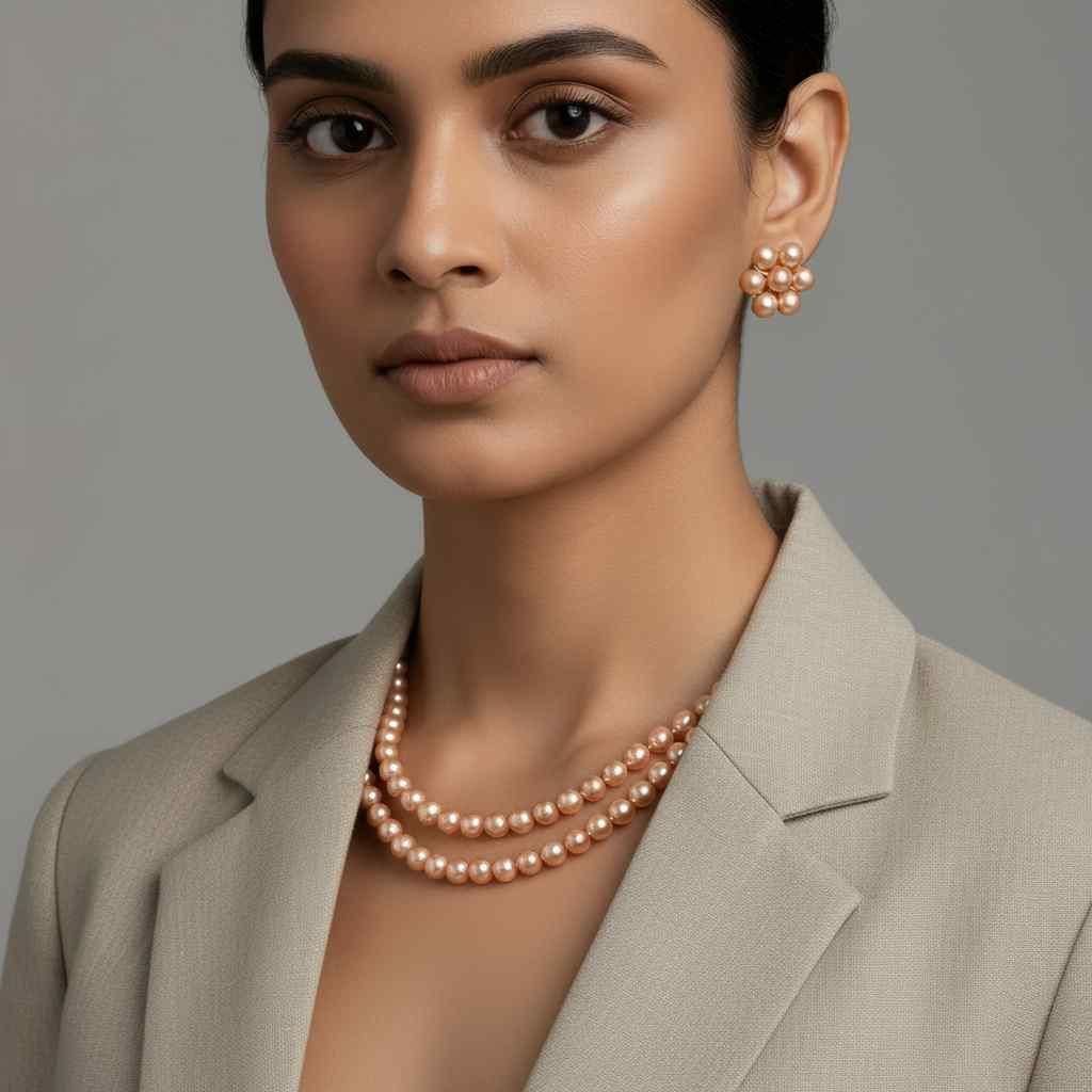 Multilayer Golden Brown Pearl Set With Earrings (Pack of 1)